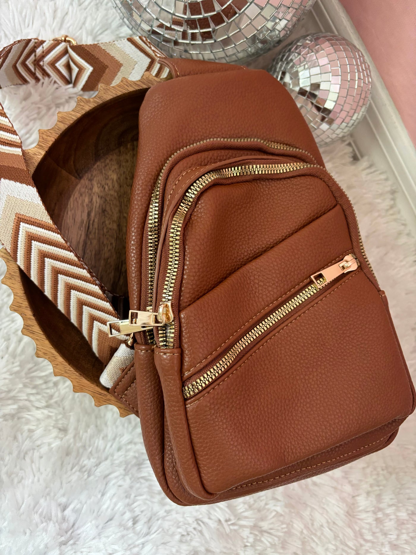 Womens Faux Leather Chevron Strap Sling Bag | Brown