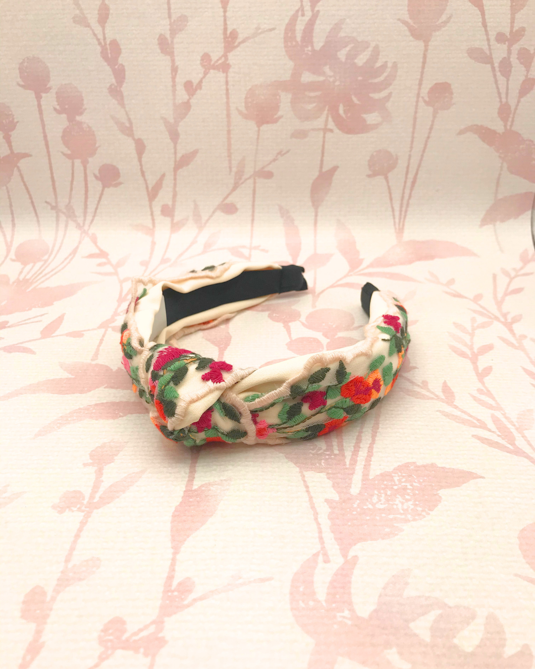Floral Embroidery Headband | Cream and Red