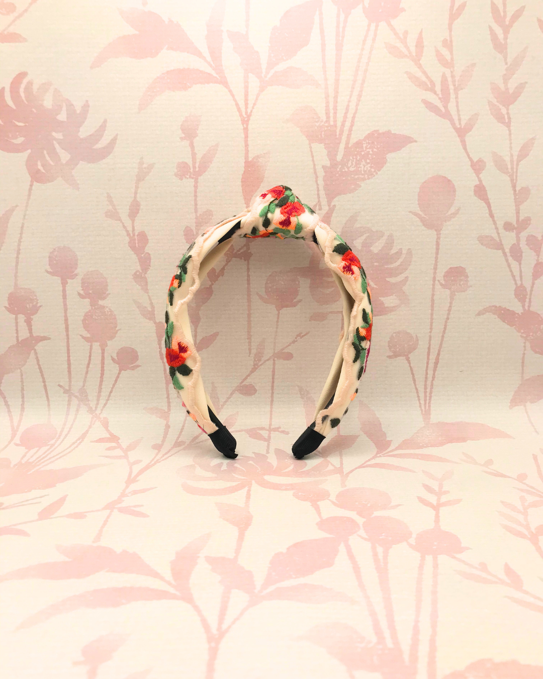 Floral Embroidery Headband | Cream and Red