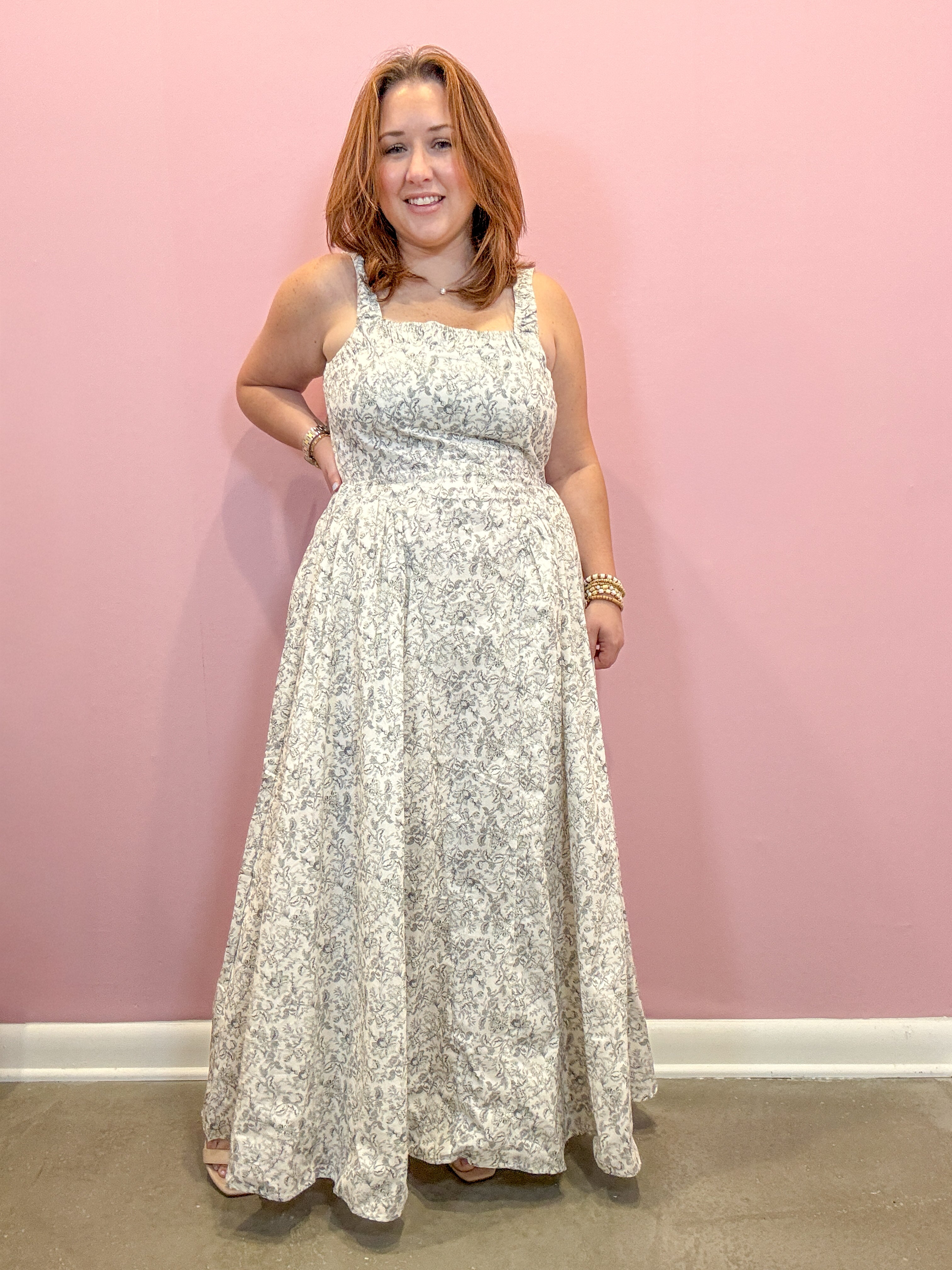 floral empire waist dress MOON RIVER Women's A-Line Midi - Blue Luxe woven fabric boasts a classic floral print (and golf metallic accents) as it shapes this adorable dress with tank straps Vintage Garden Floral Print Empire