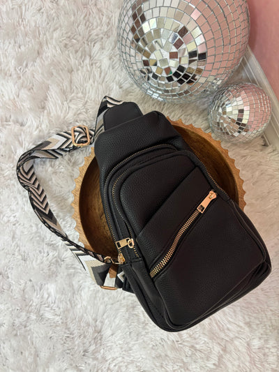 Faux Leather Chevron Strap Sling Bag | Black