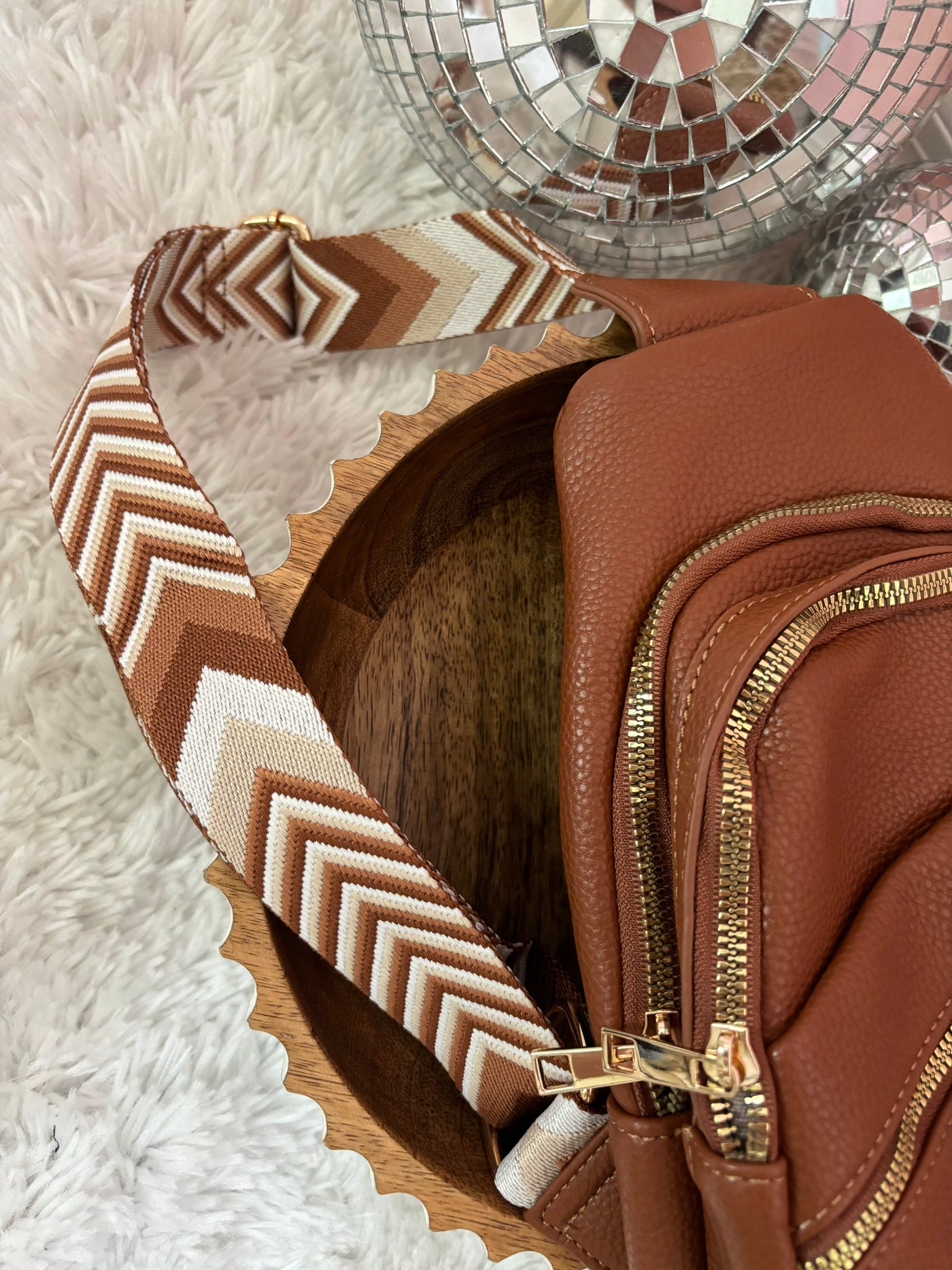 Faux Leather Chevron Strap Sling Bag | Brown for Women and Teens