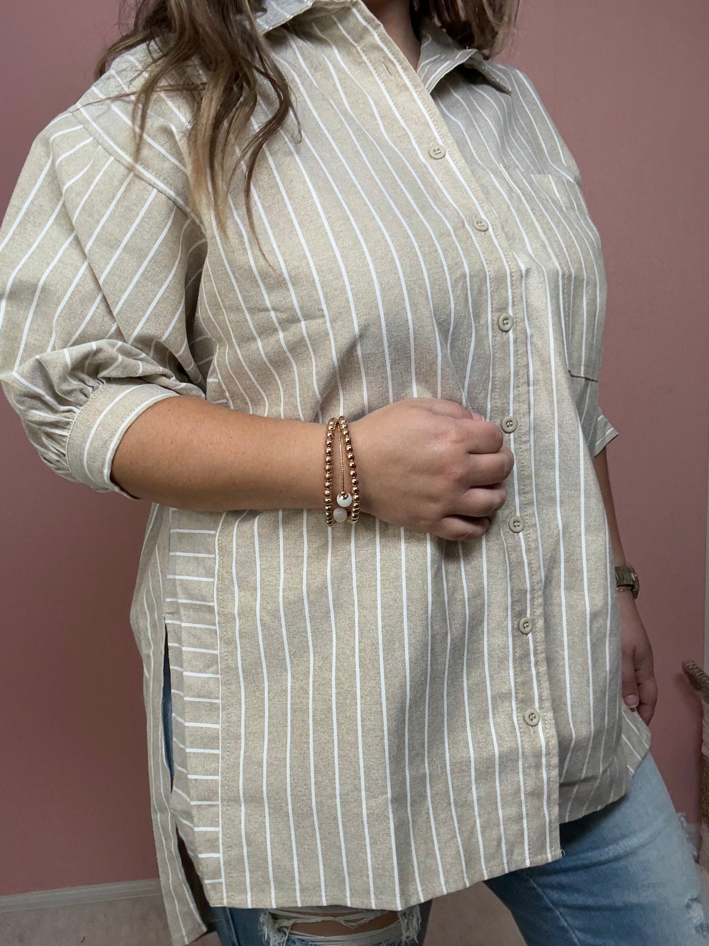 Striped Puff Sleeve Button Down Oversized Shirt