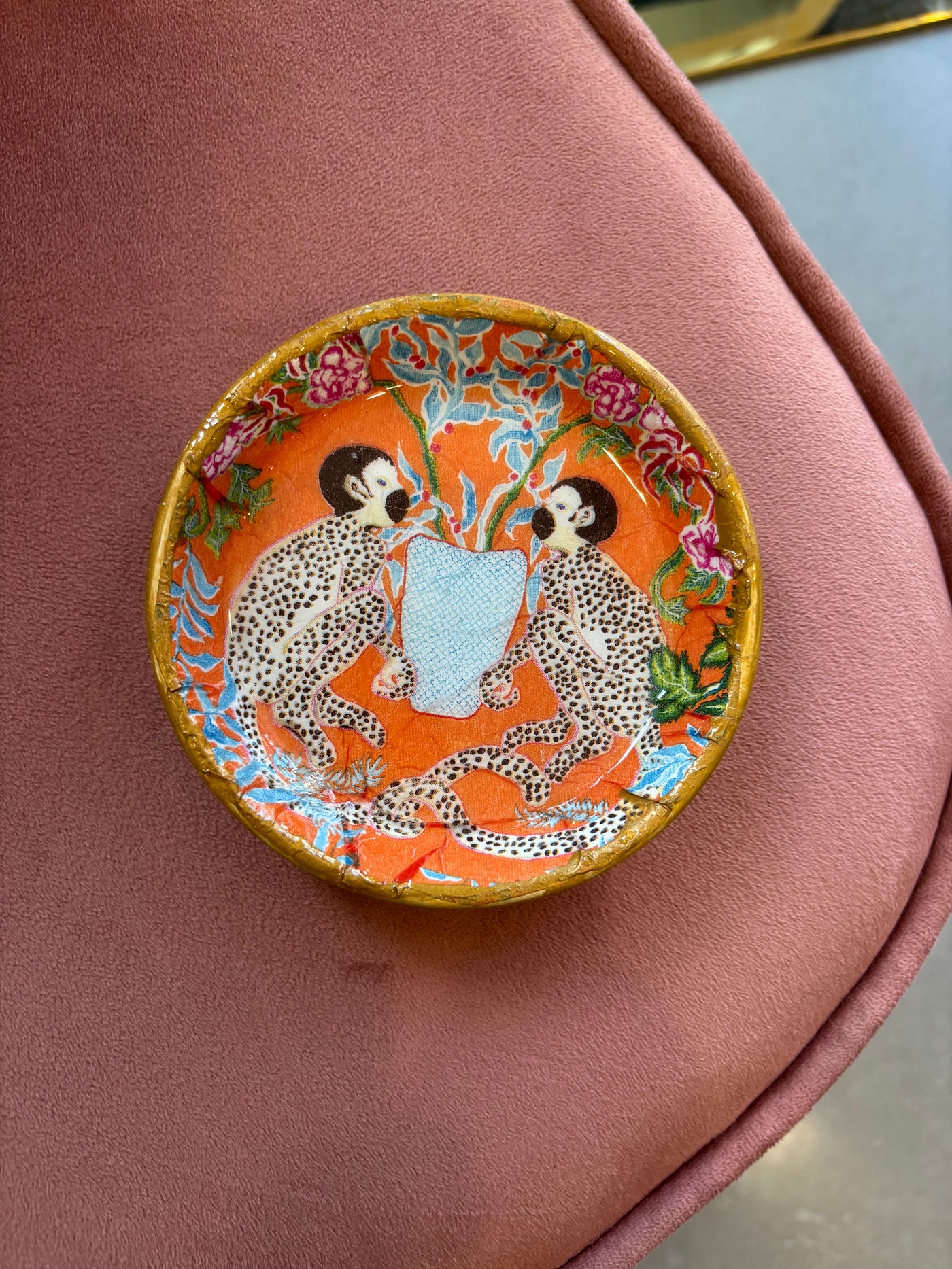 Round Trinket Tray | Orange with Leopard Monkeys