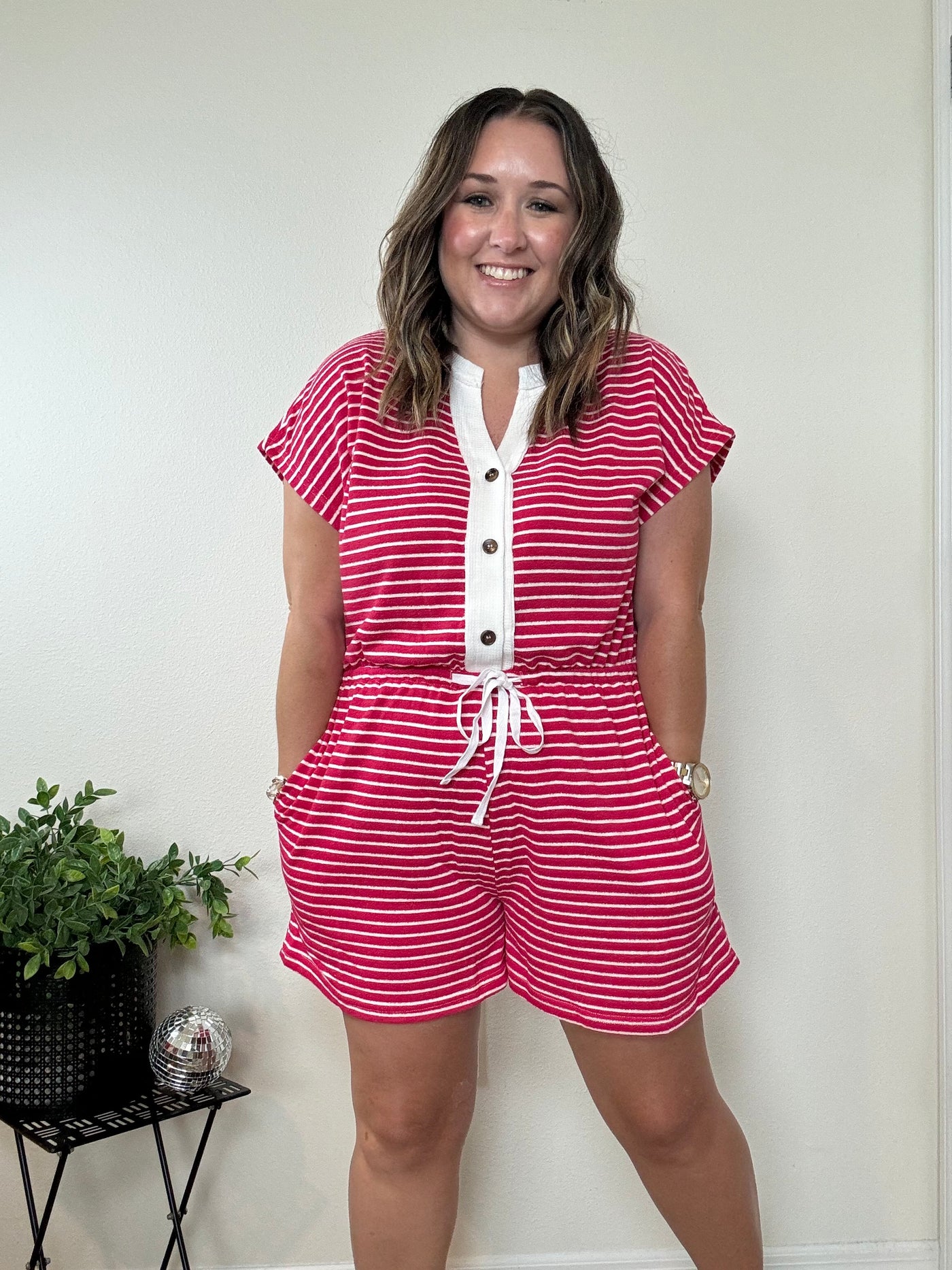 Drawstring romper with elastic waist