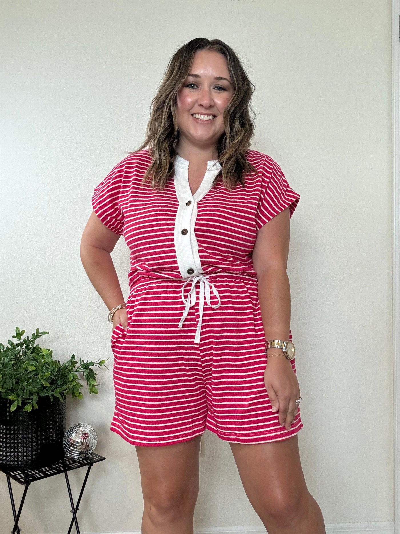 Red and white striped romper