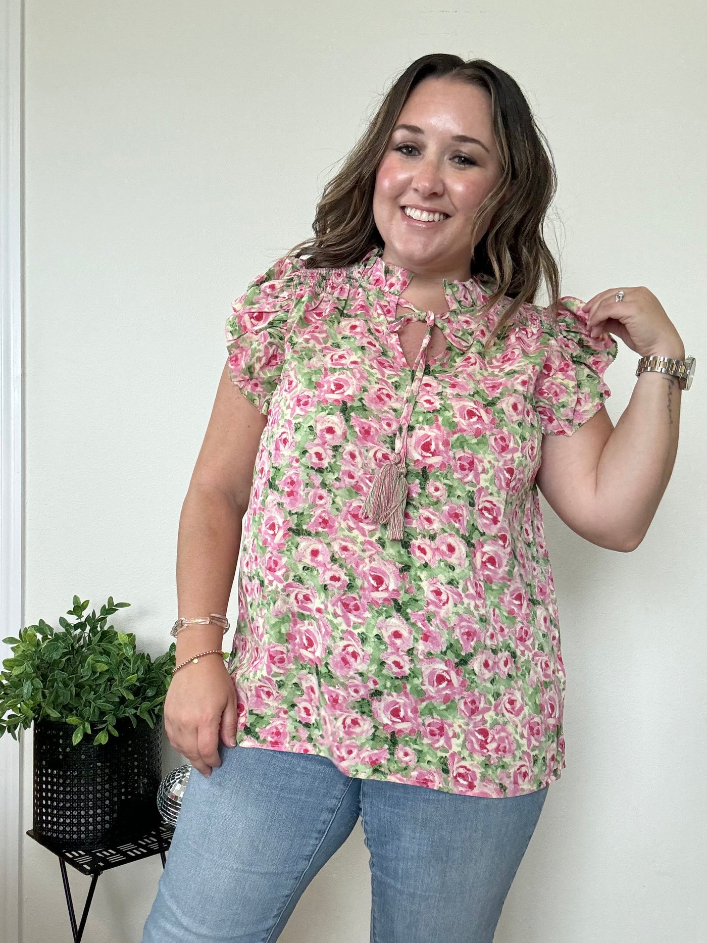 Pink and green floral blouse with tassel ties