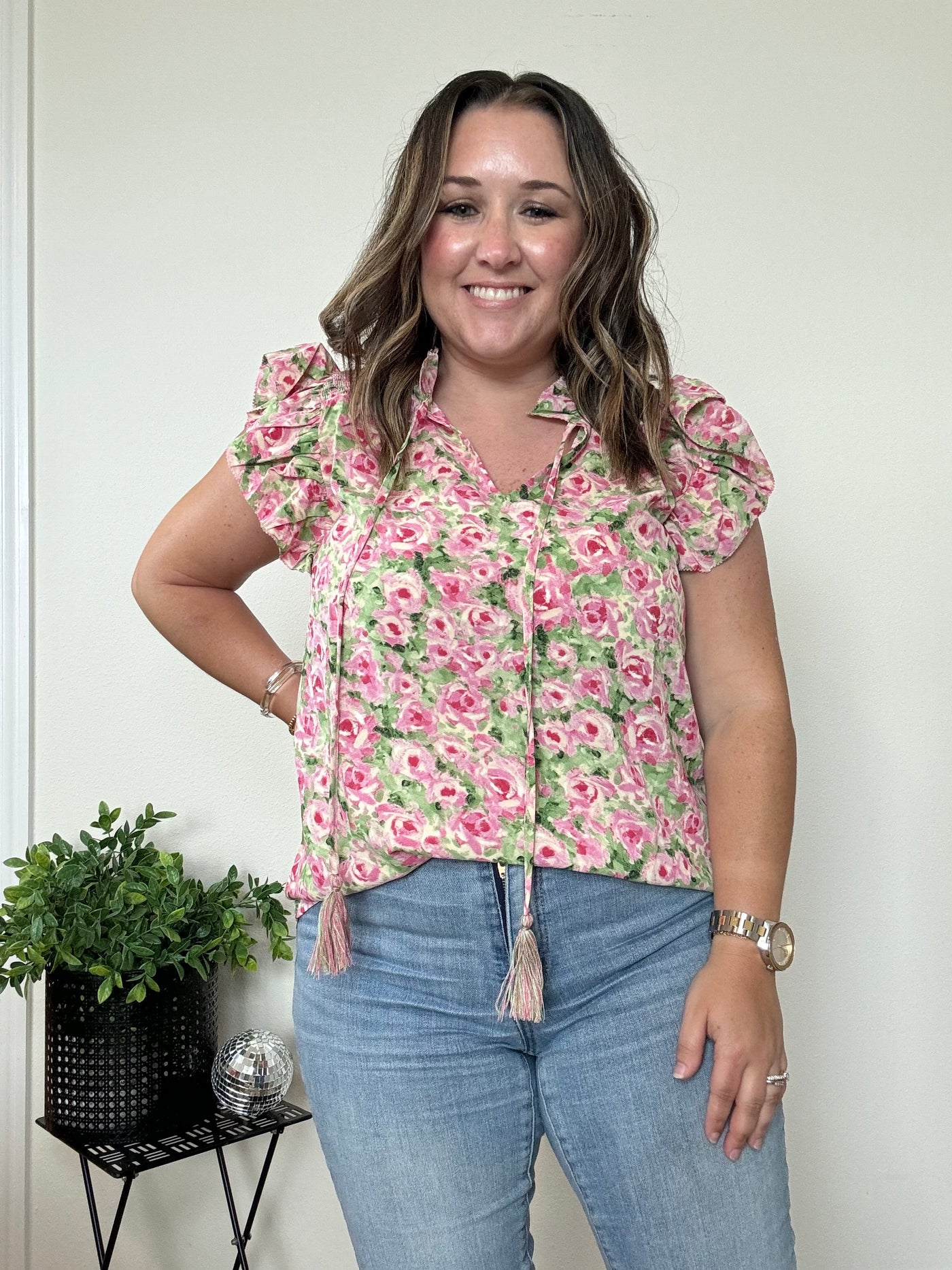 Green and Pink floral blouse for women