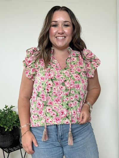 Floral Blouse with Tassel Ties