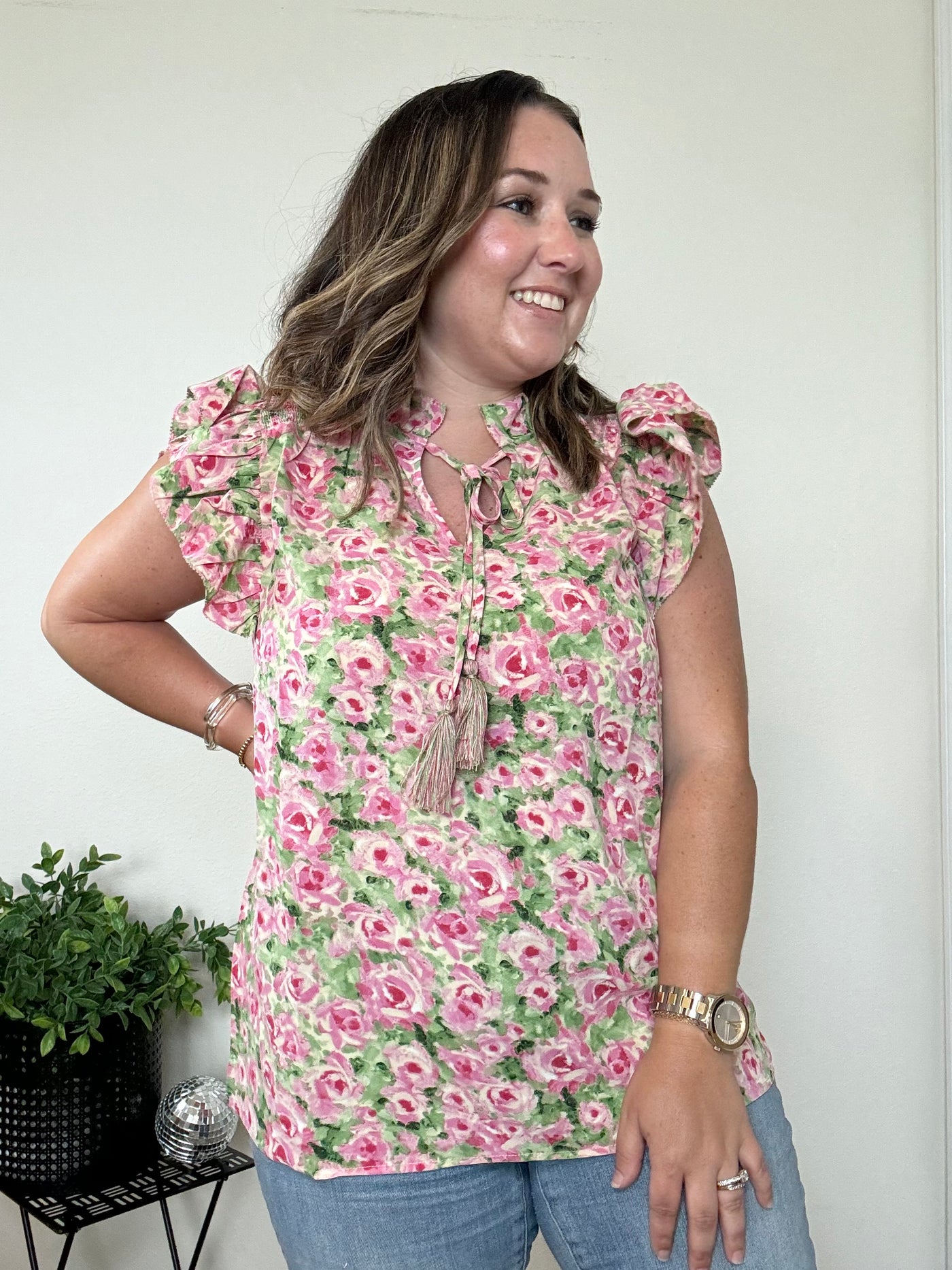 Girly floral blouse, pink and green