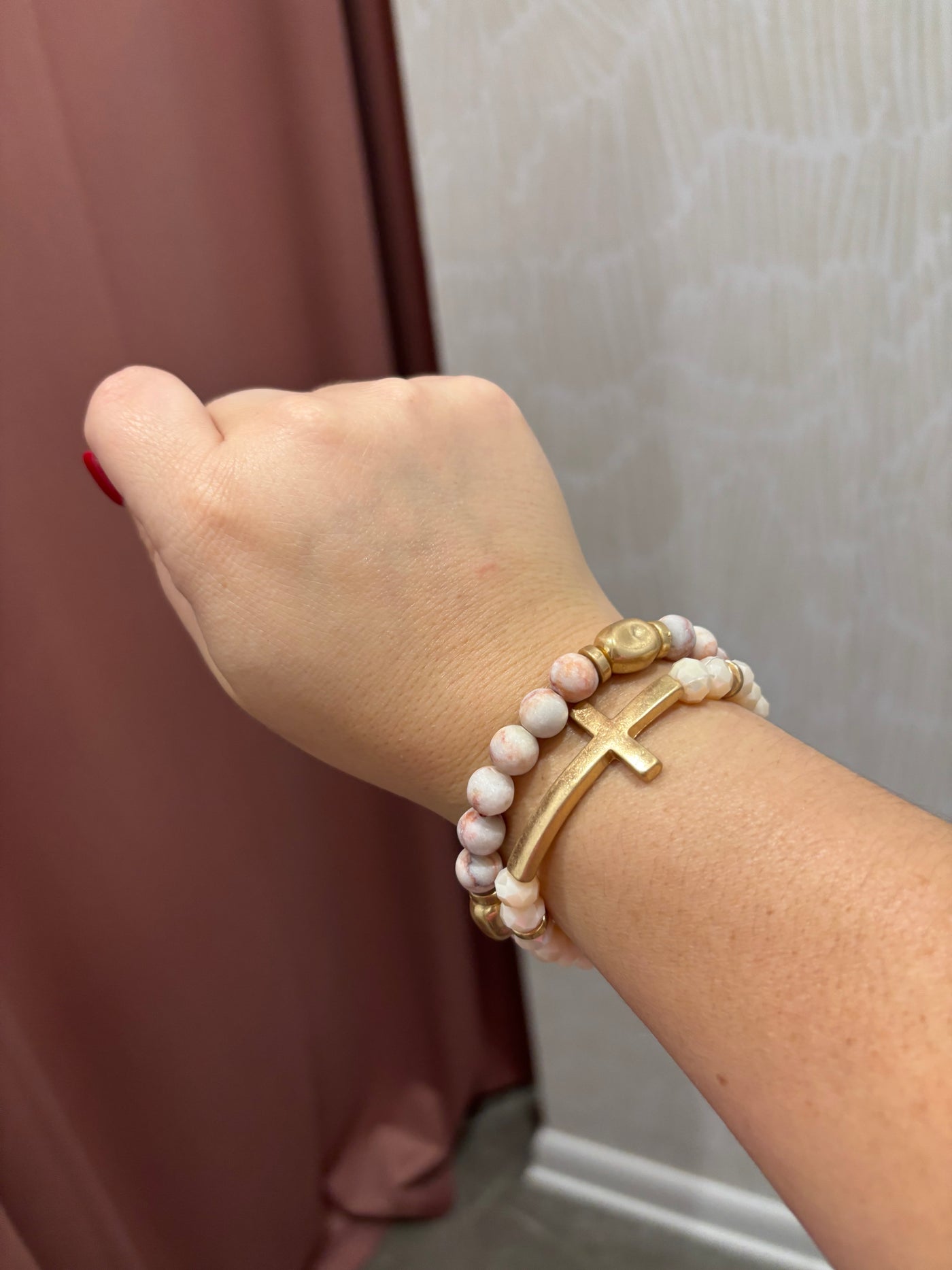 Beaded Side Cross Bracelet Set | Pink