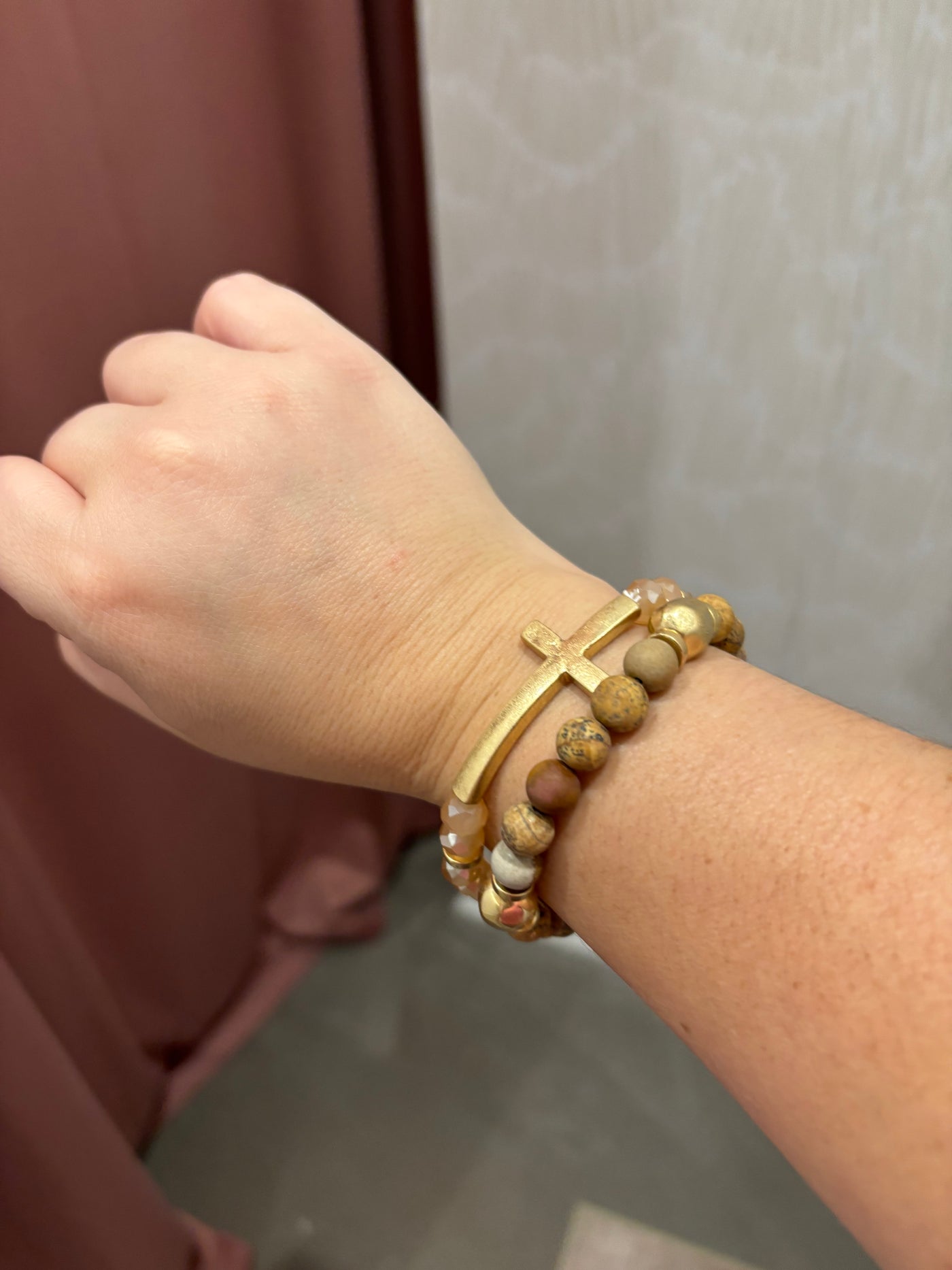 Beaded Side Cross Bracelet Set | Brown