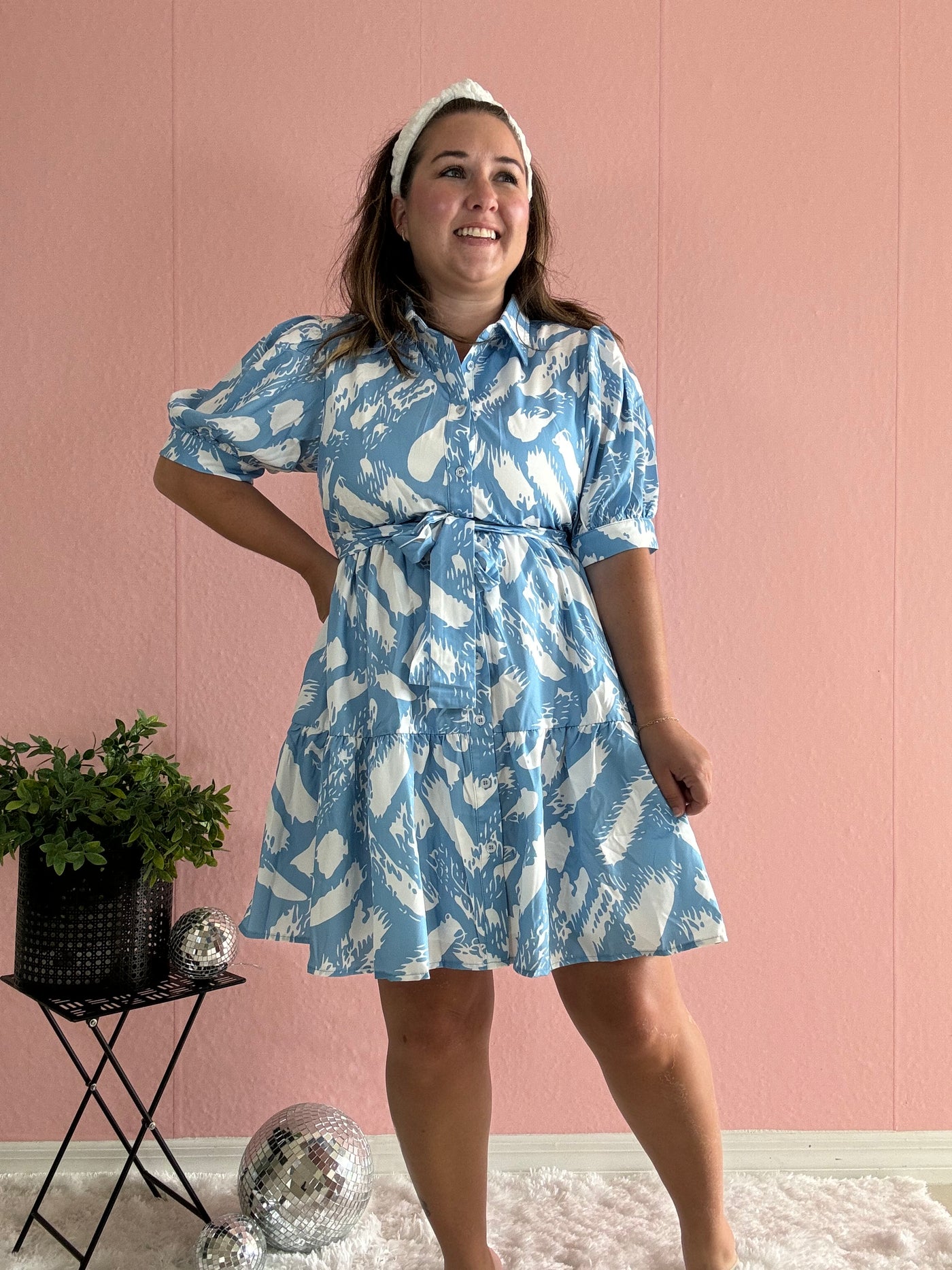 Blue dress with white details and button down