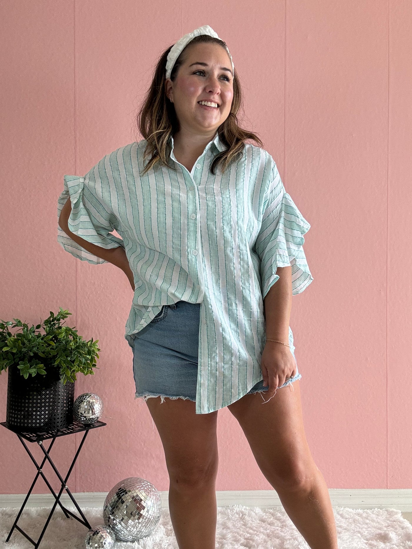 teal and white textured button down