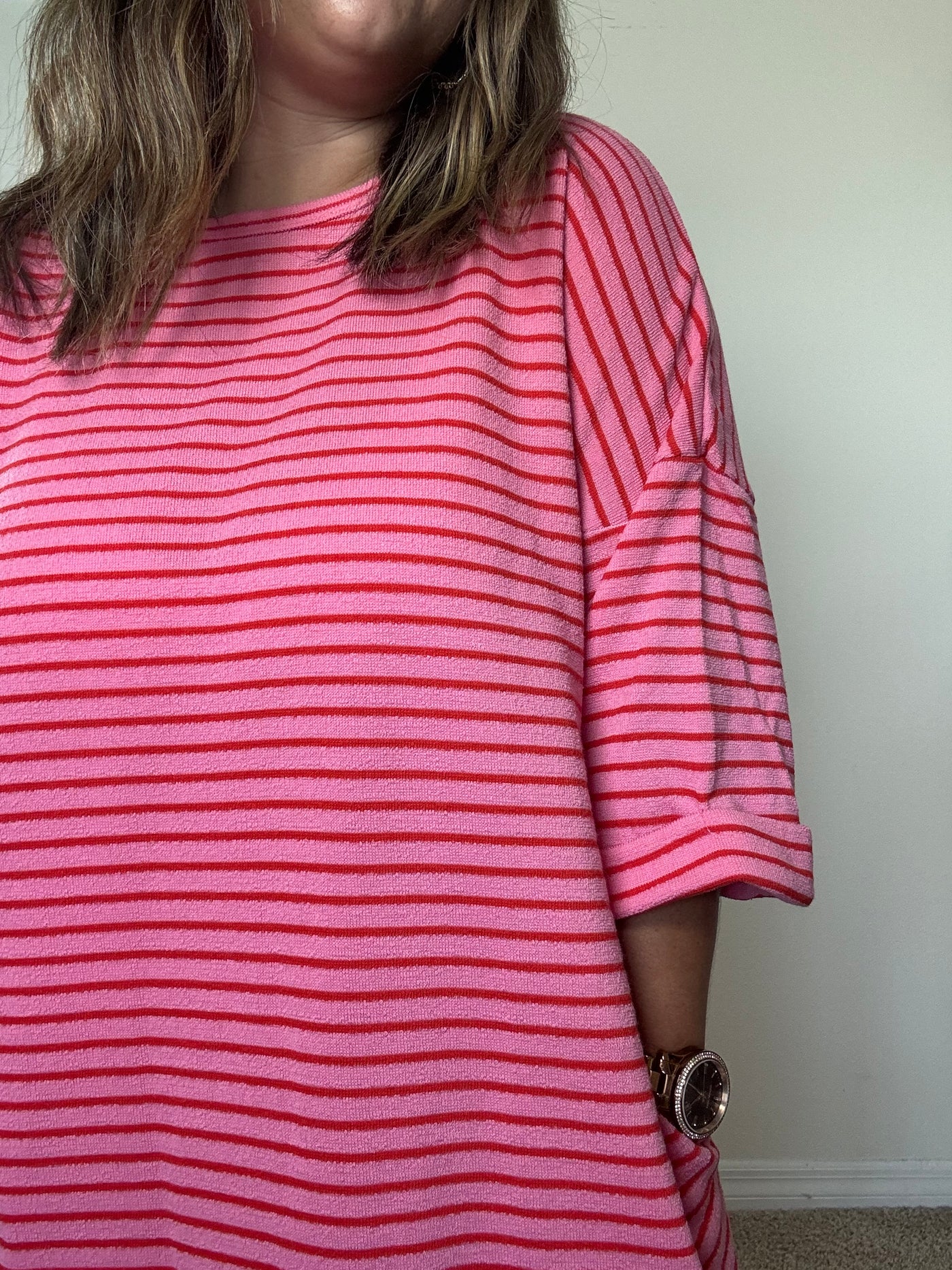 pink maxi dress with red stripes