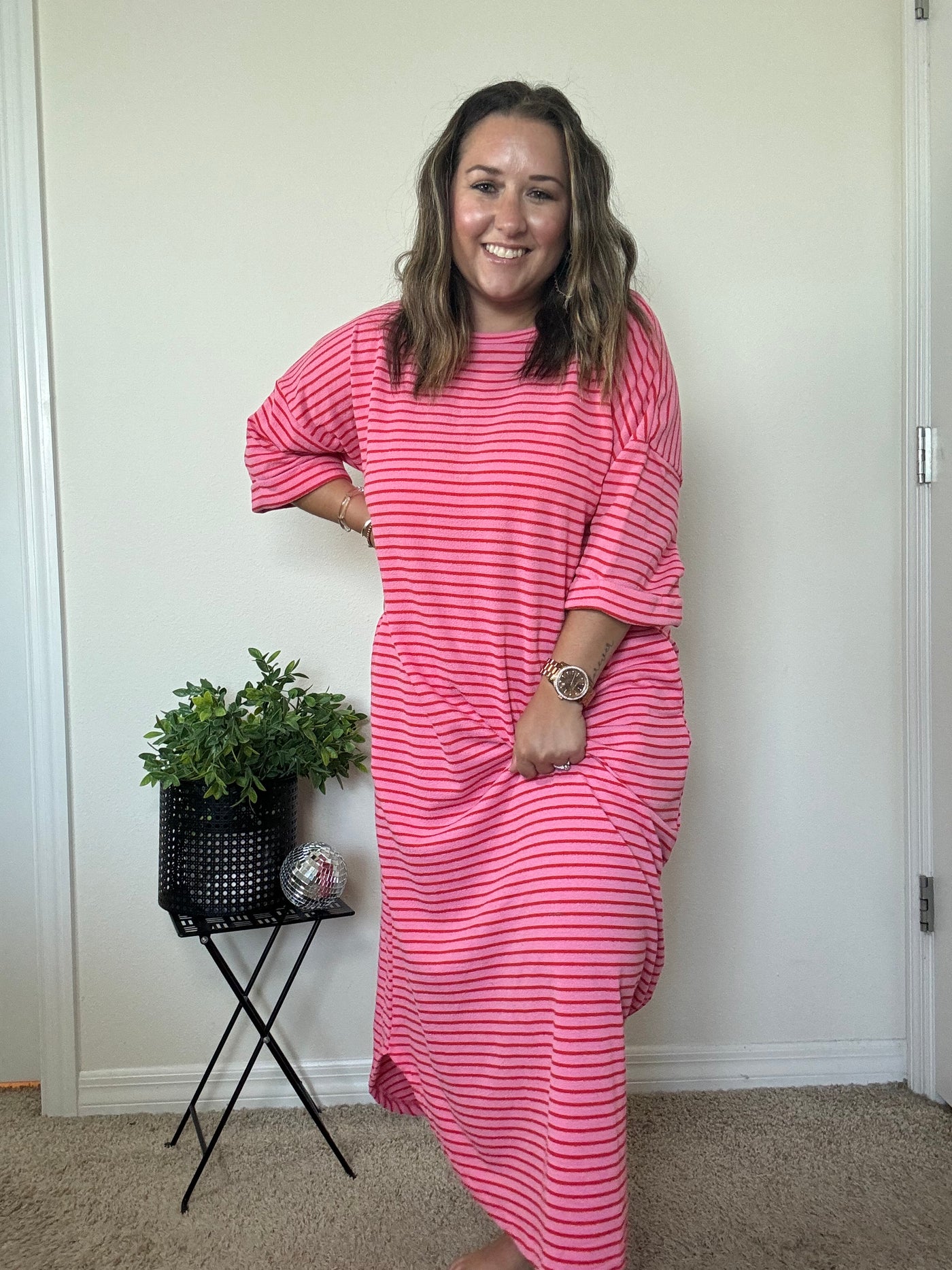 Red and pink striped maxi dress