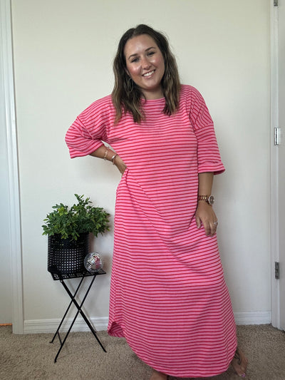 Pink and red striped maxi dress