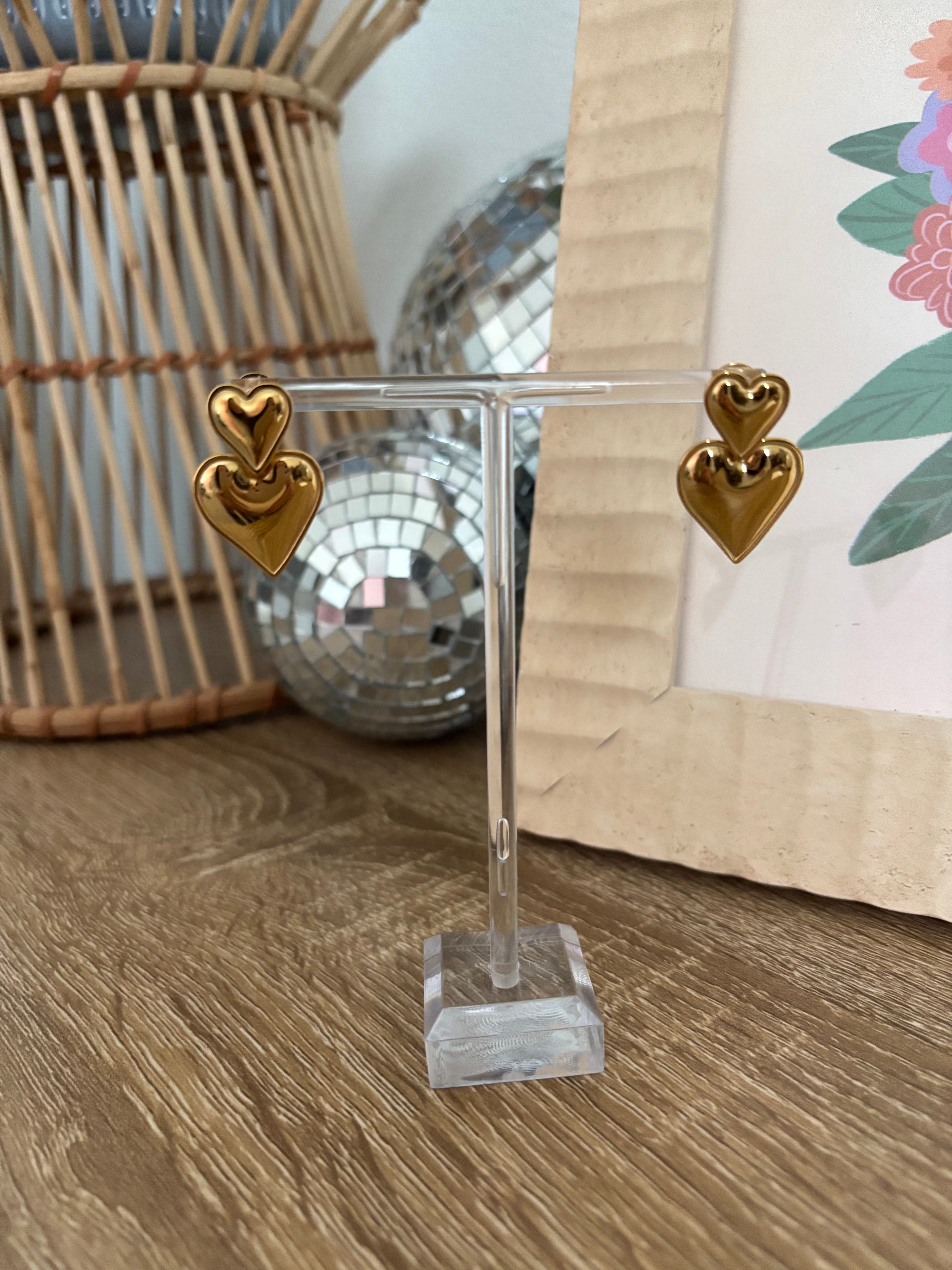 Double Layered Heart Gold Earrings
