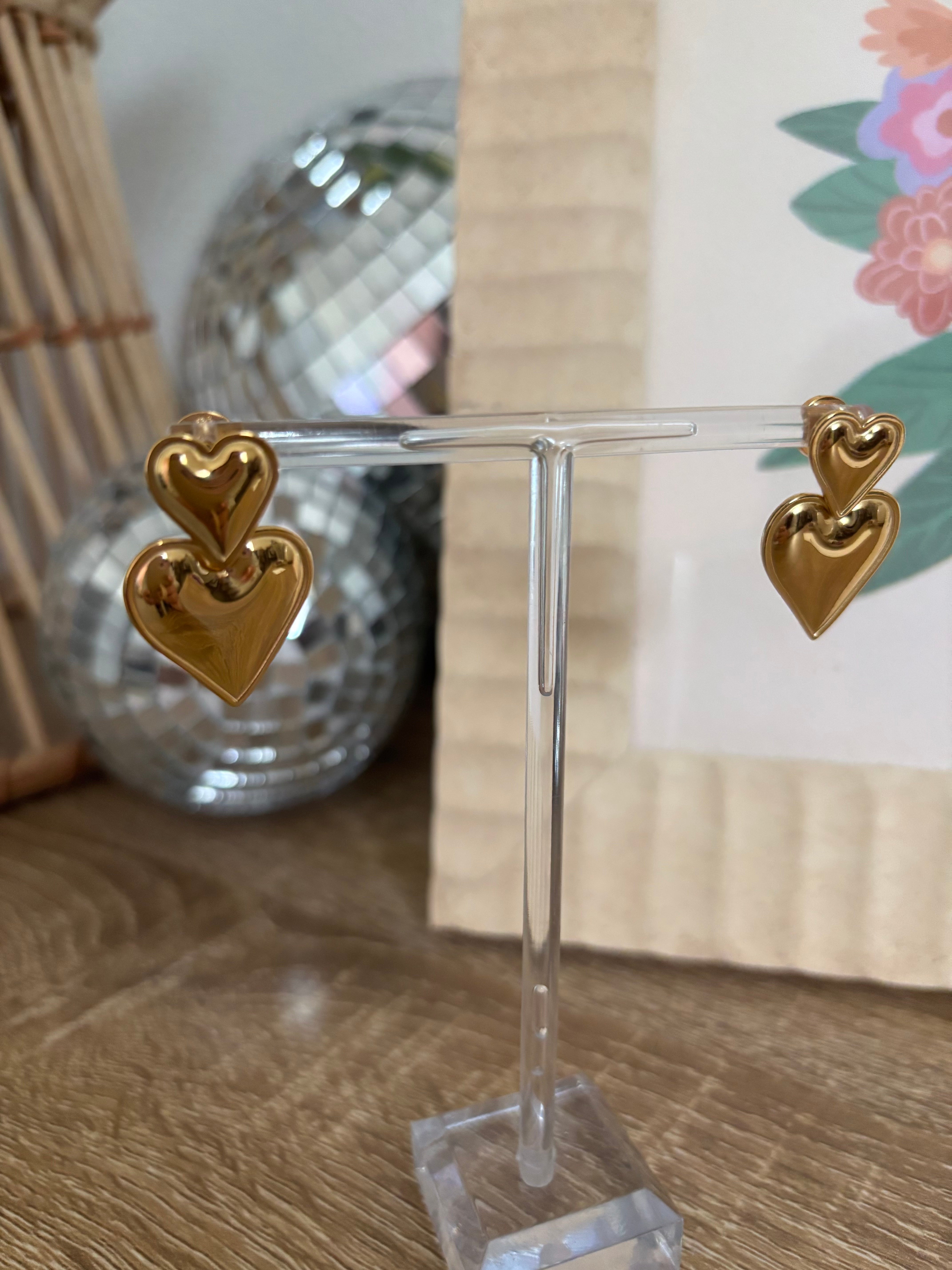 Double Layered Heart Gold Earrings