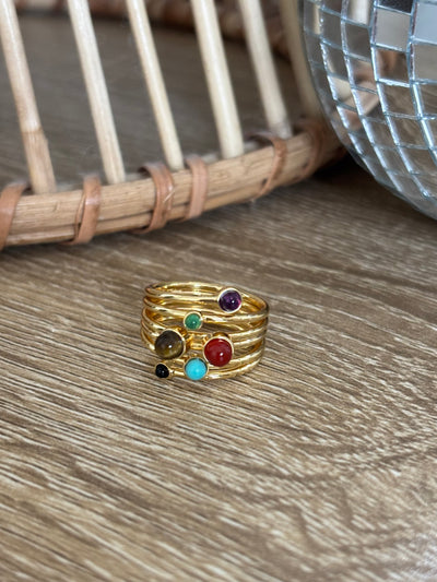 Gold Multi Color Stone Layered Ring