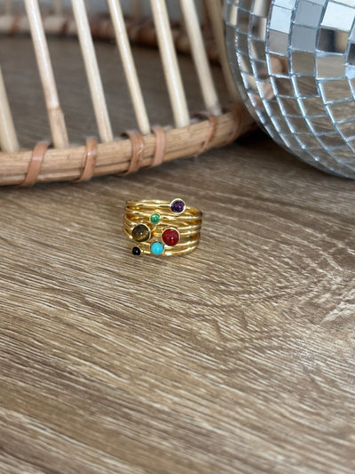 Gold Multi Color Stone Layered Ring