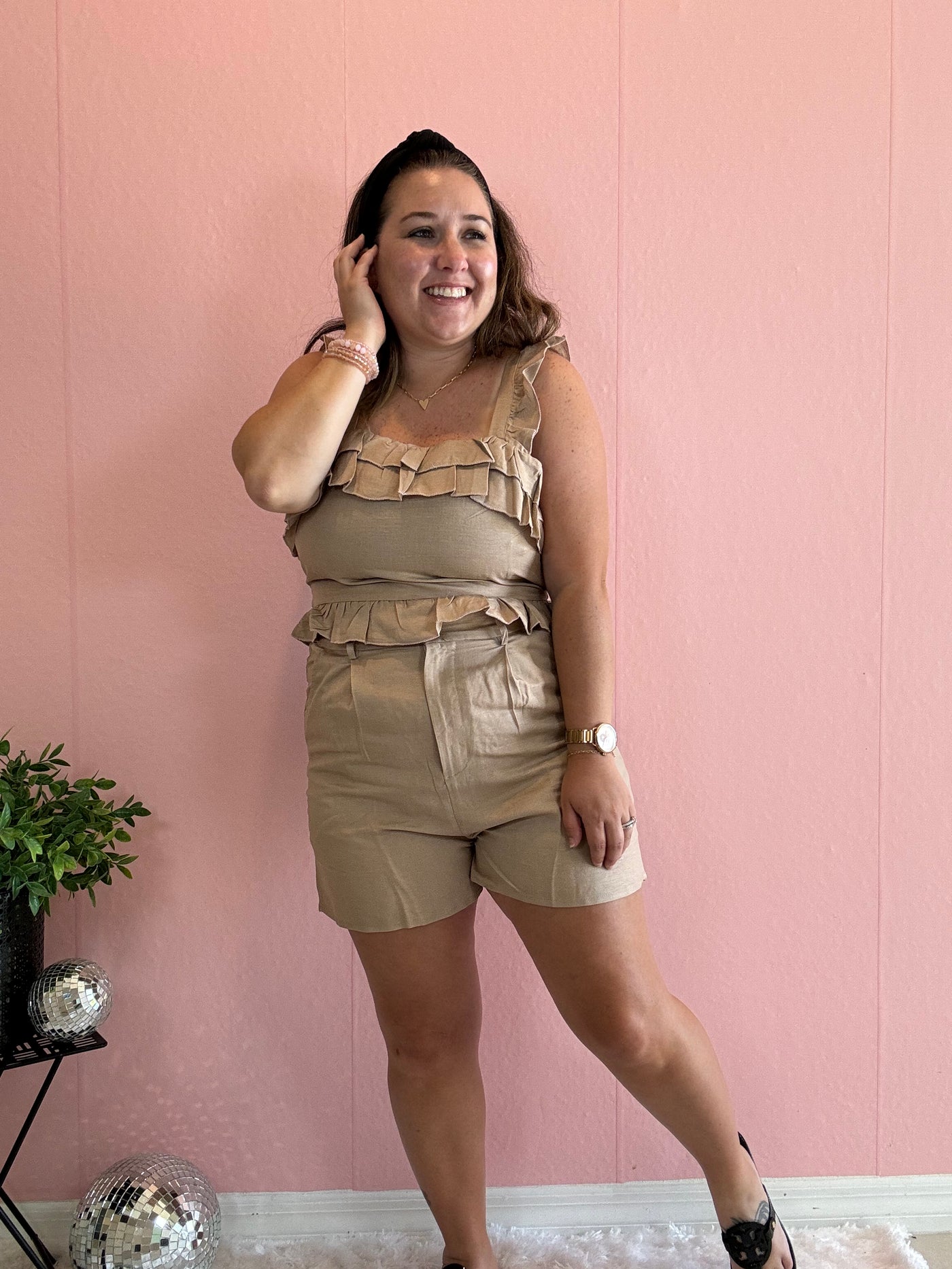 Crop top and khaki shorts