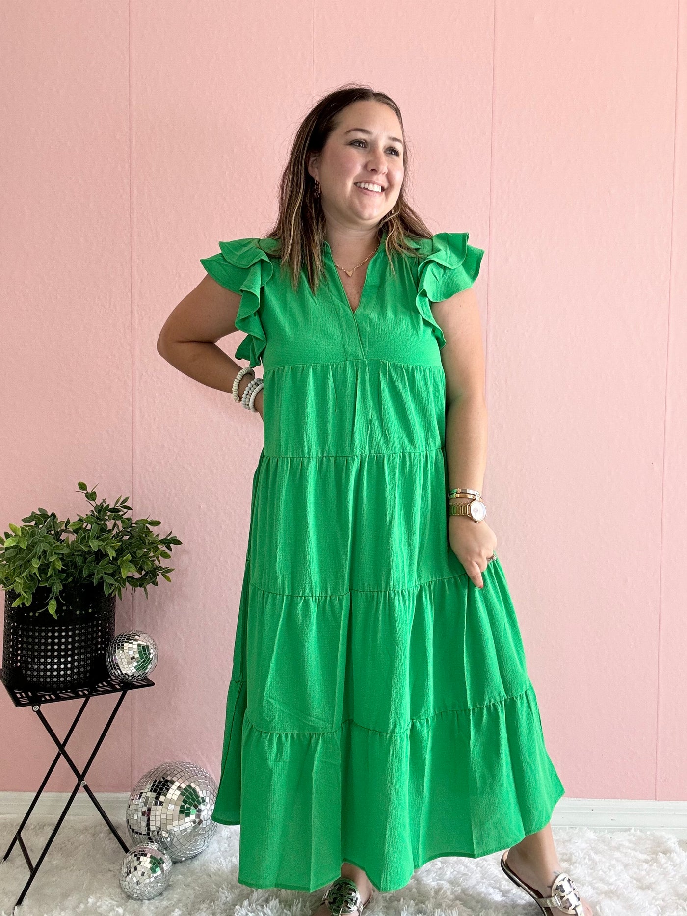 kelly green flutter sleeve dress