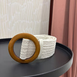 Wooden Buckle Woven Rattan Belt | White