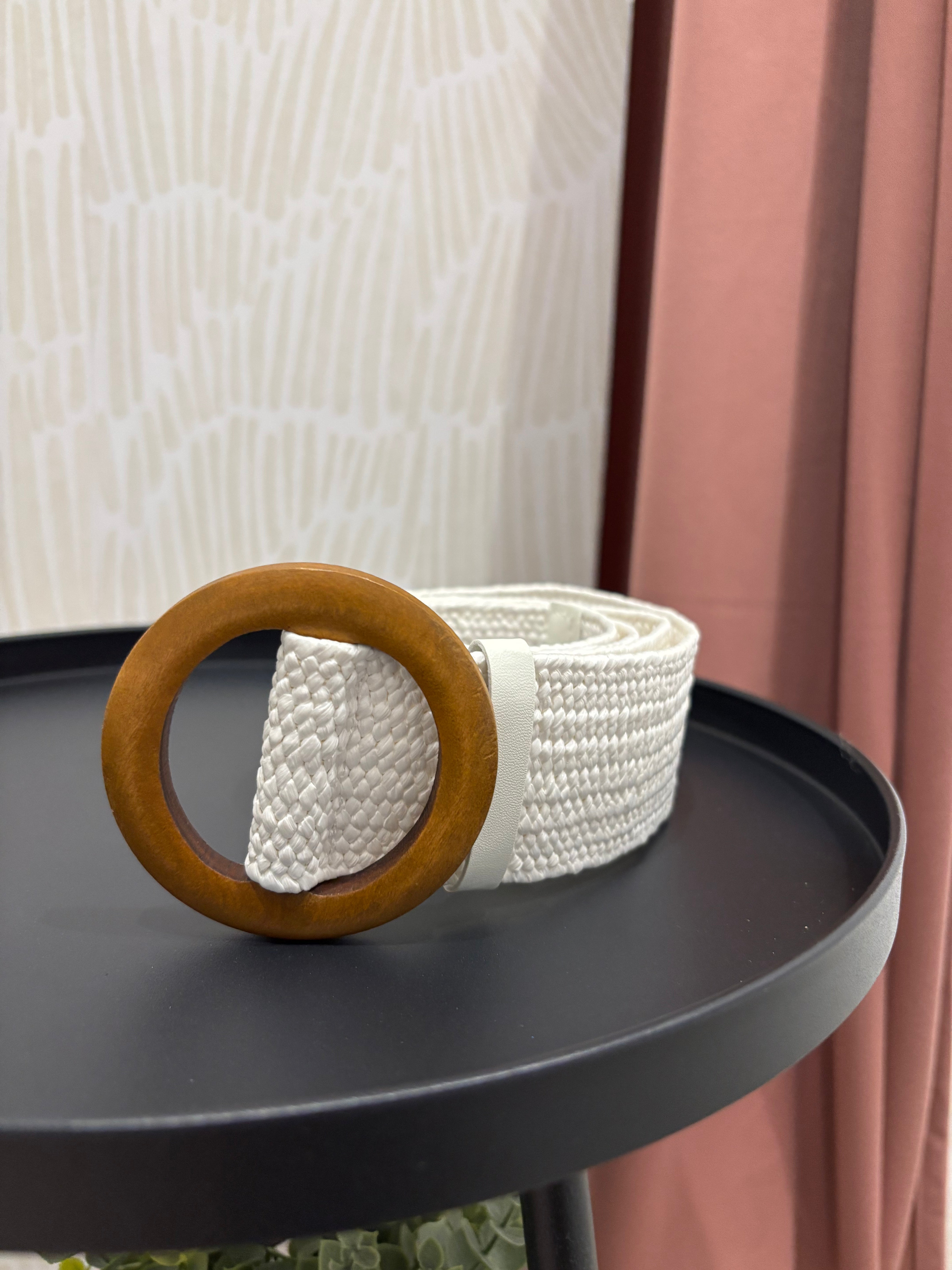 Wooden Buckle Woven Rattan Belt | White