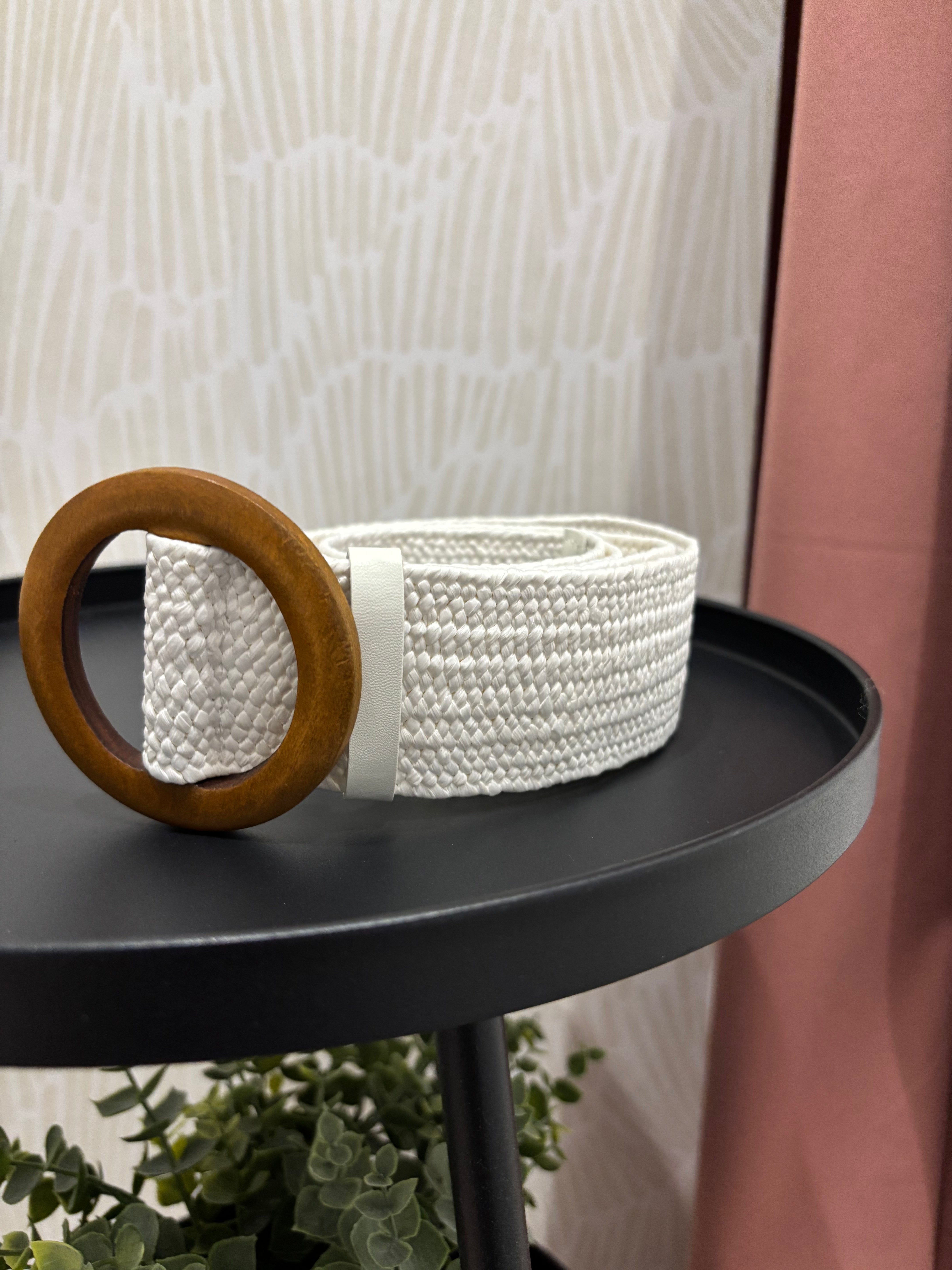 Wooden Buckle Woven Rattan Belt | White