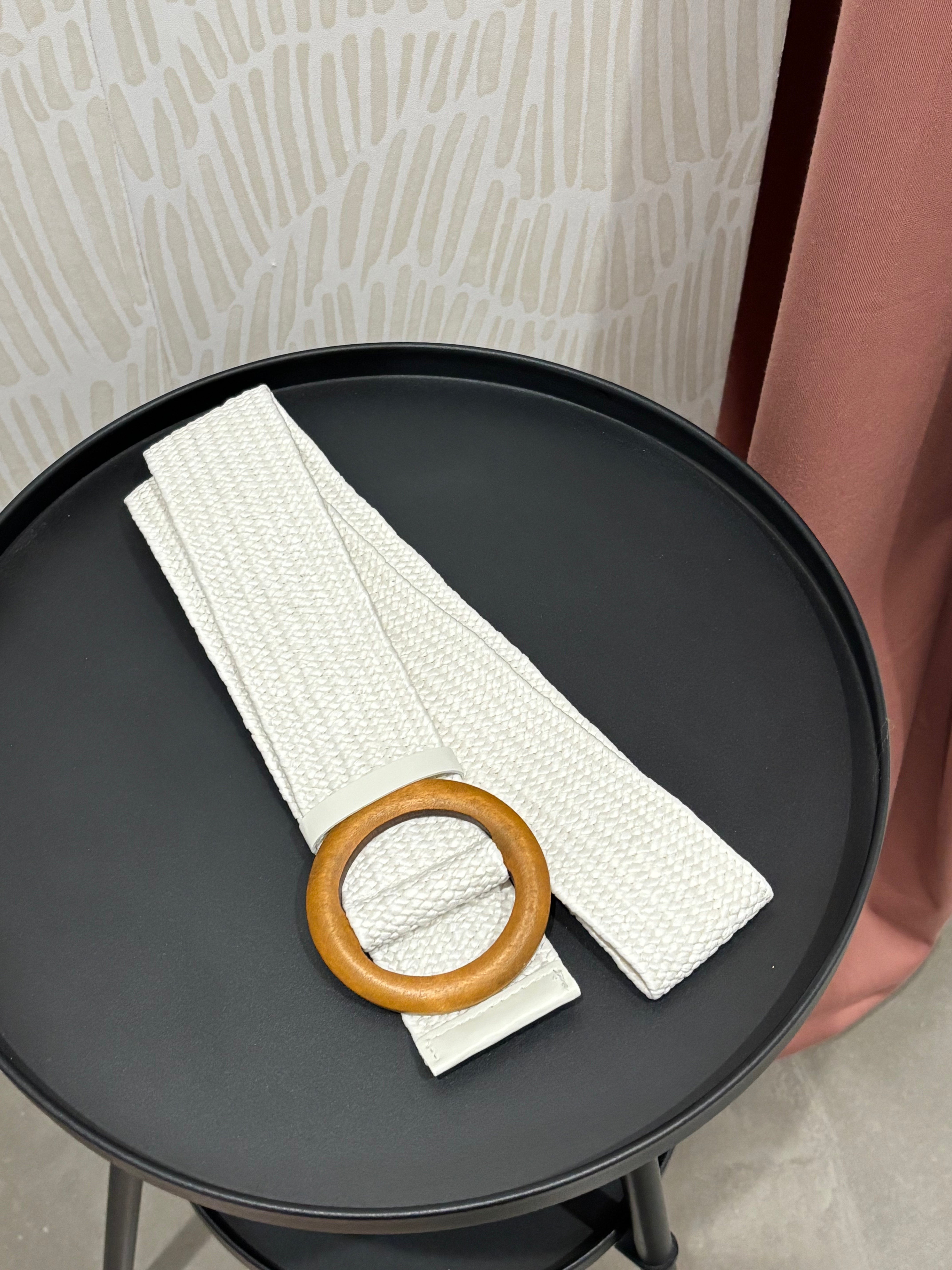 Wooden Buckle Woven Rattan Belt | White