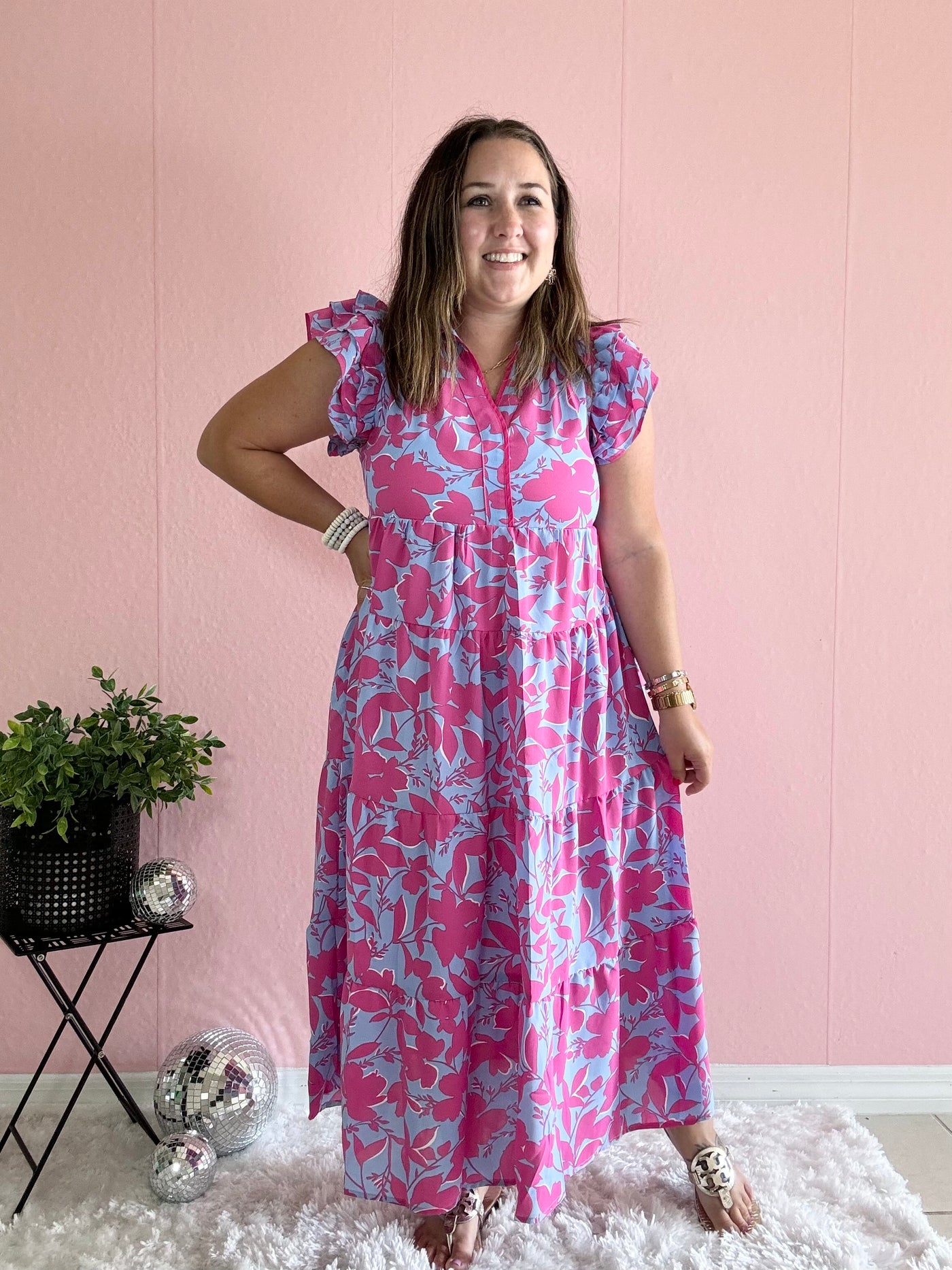 Pink and blue floral print dress