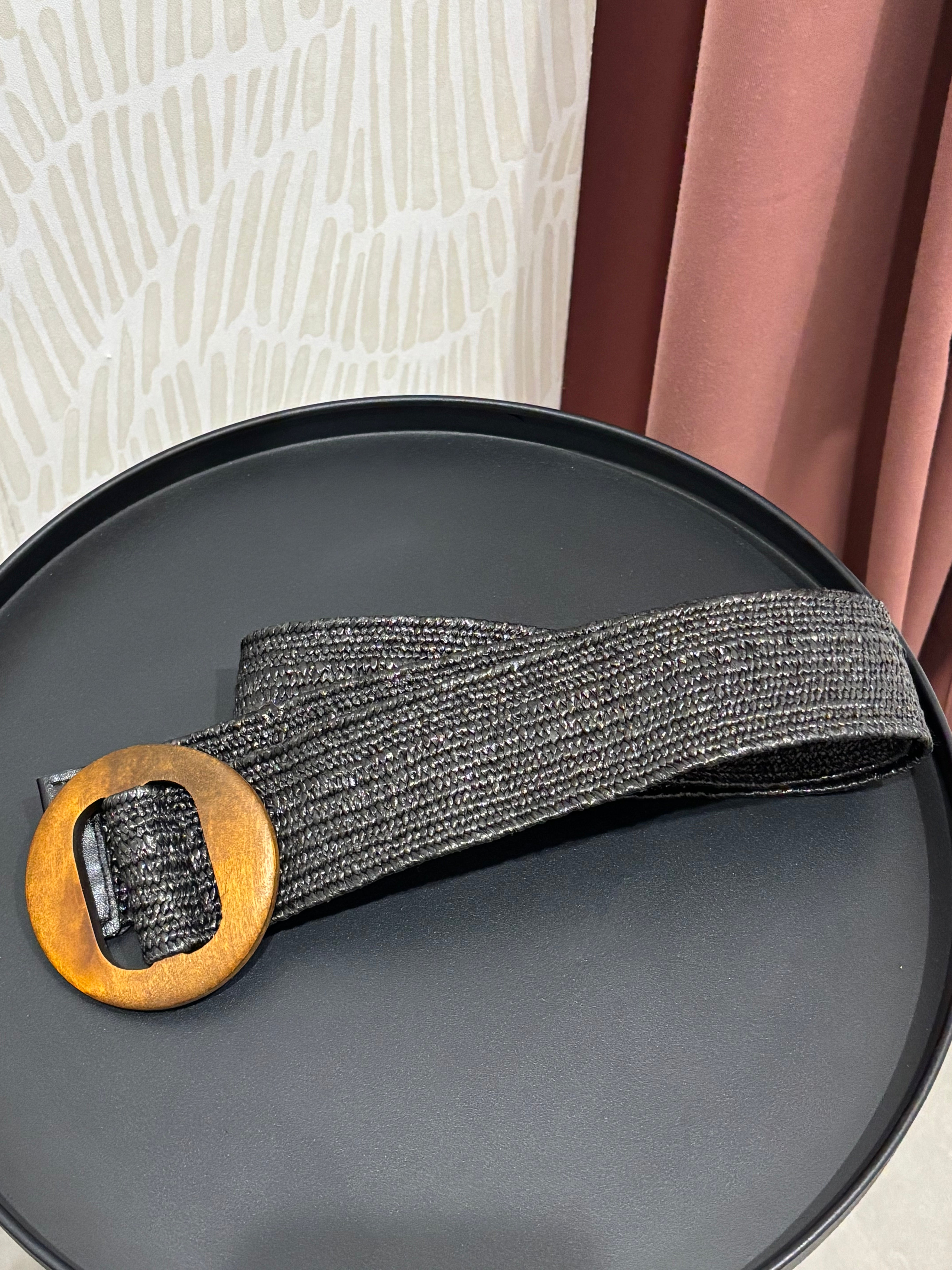 Wooden Buckle Rattan Stretch Belt | Black