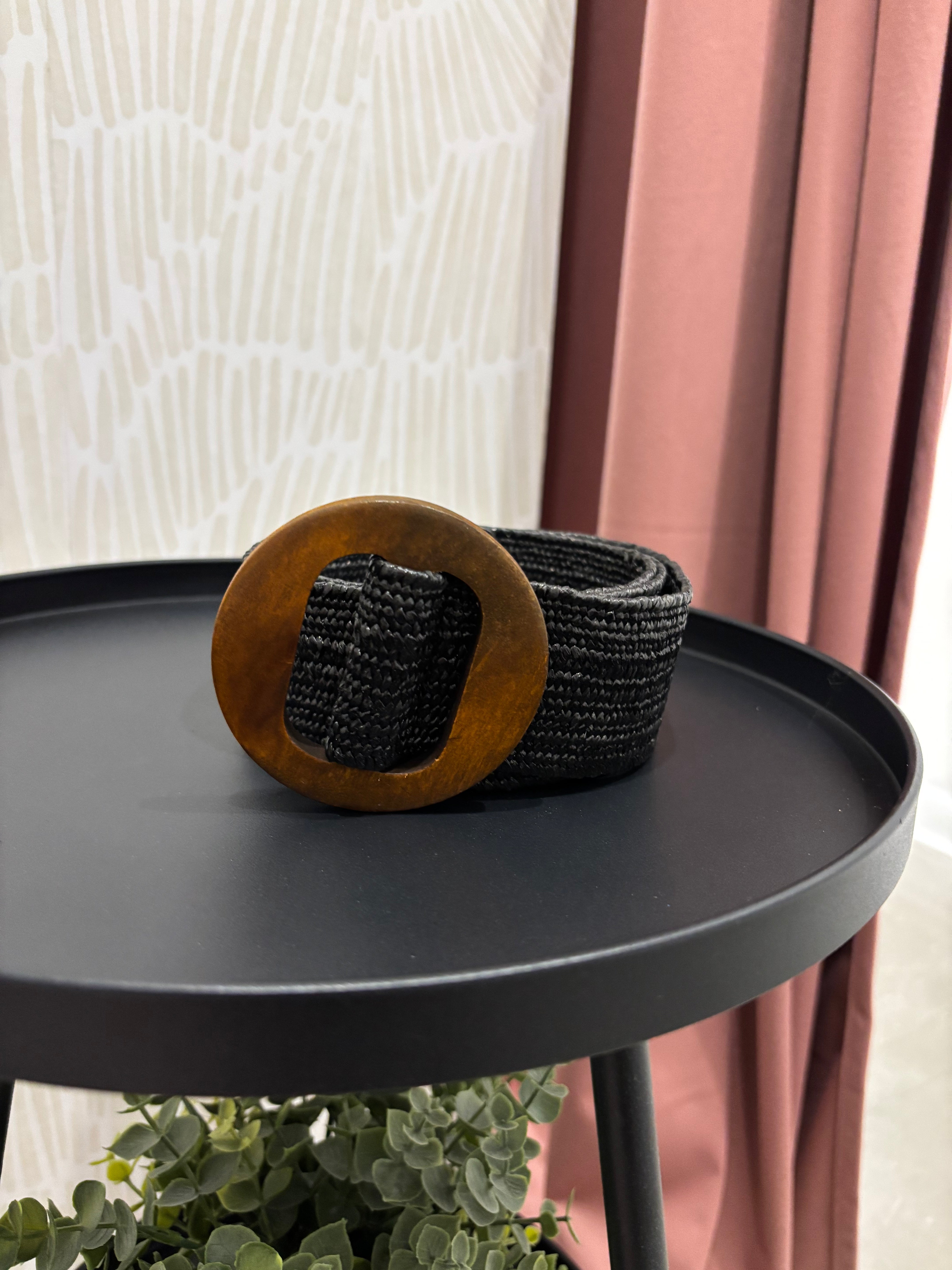 Wooden Buckle Rattan Stretch Belt | Black