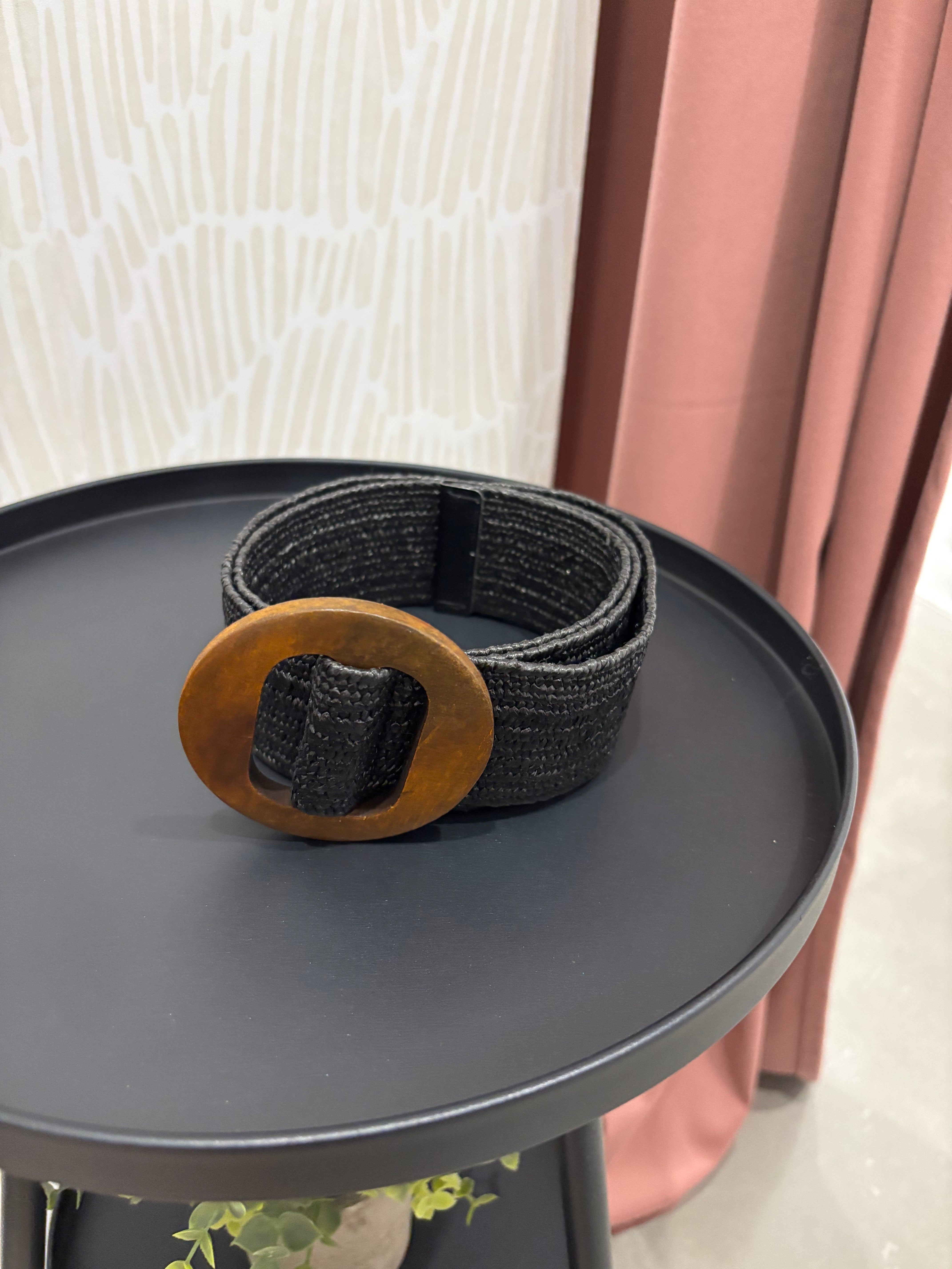 Wooden Buckle Rattan Stretch Belt | Black