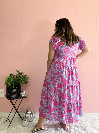 blue maxi dress with pink flowers