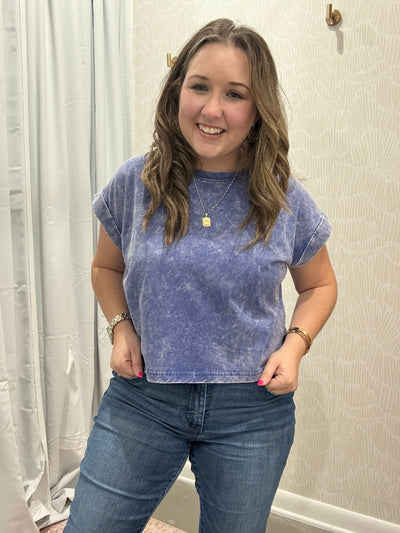 Washed Cotton Cuffed Short Sleeve Top | Blueberry