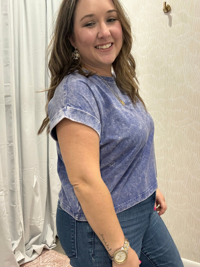 Washed Cotton Cuffed Short Sleeve Top | Blueberry