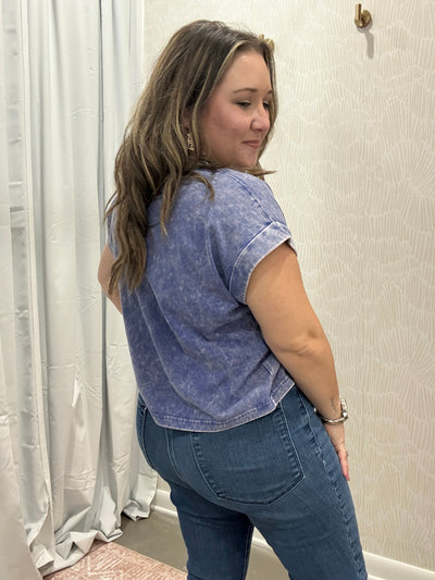 Washed Cotton Cuffed Short Sleeve Top | Blueberry