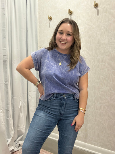 Washed Cotton Cuffed Short Sleeve Top | Blueberry