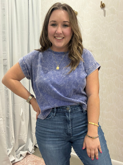 Washed Cotton Cuffed Short Sleeve Top | Blueberry