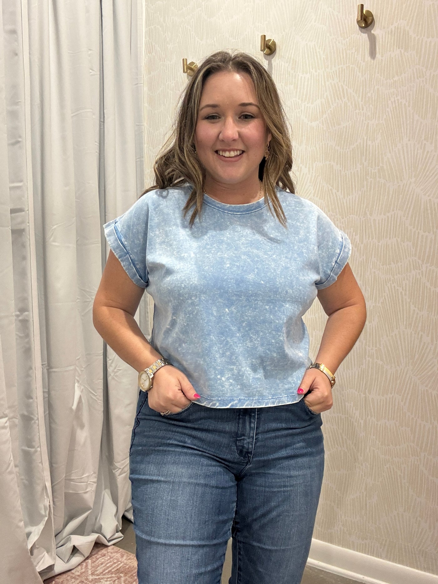 Washed Cotton Cuffed Short Sleeve Top | Deep Sky