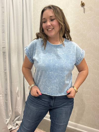 Washed Cotton Cuffed Short Sleeve Top | Deep Sky