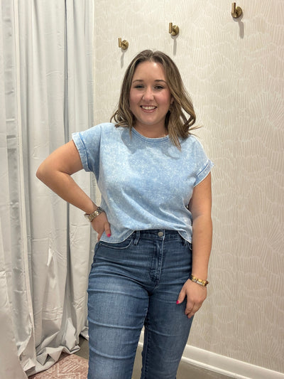 Washed Cotton Cuffed Short Sleeve Top | Deep Sky