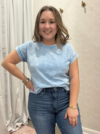 Washed Cotton Cuffed Short Sleeve Top | Deep Sky