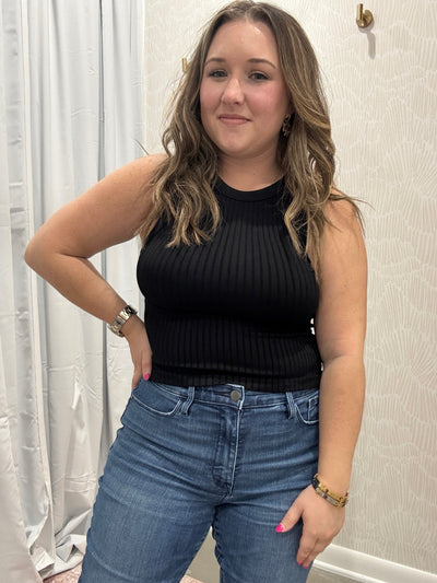 Seamless Ribbed Crop Tank Top | Black