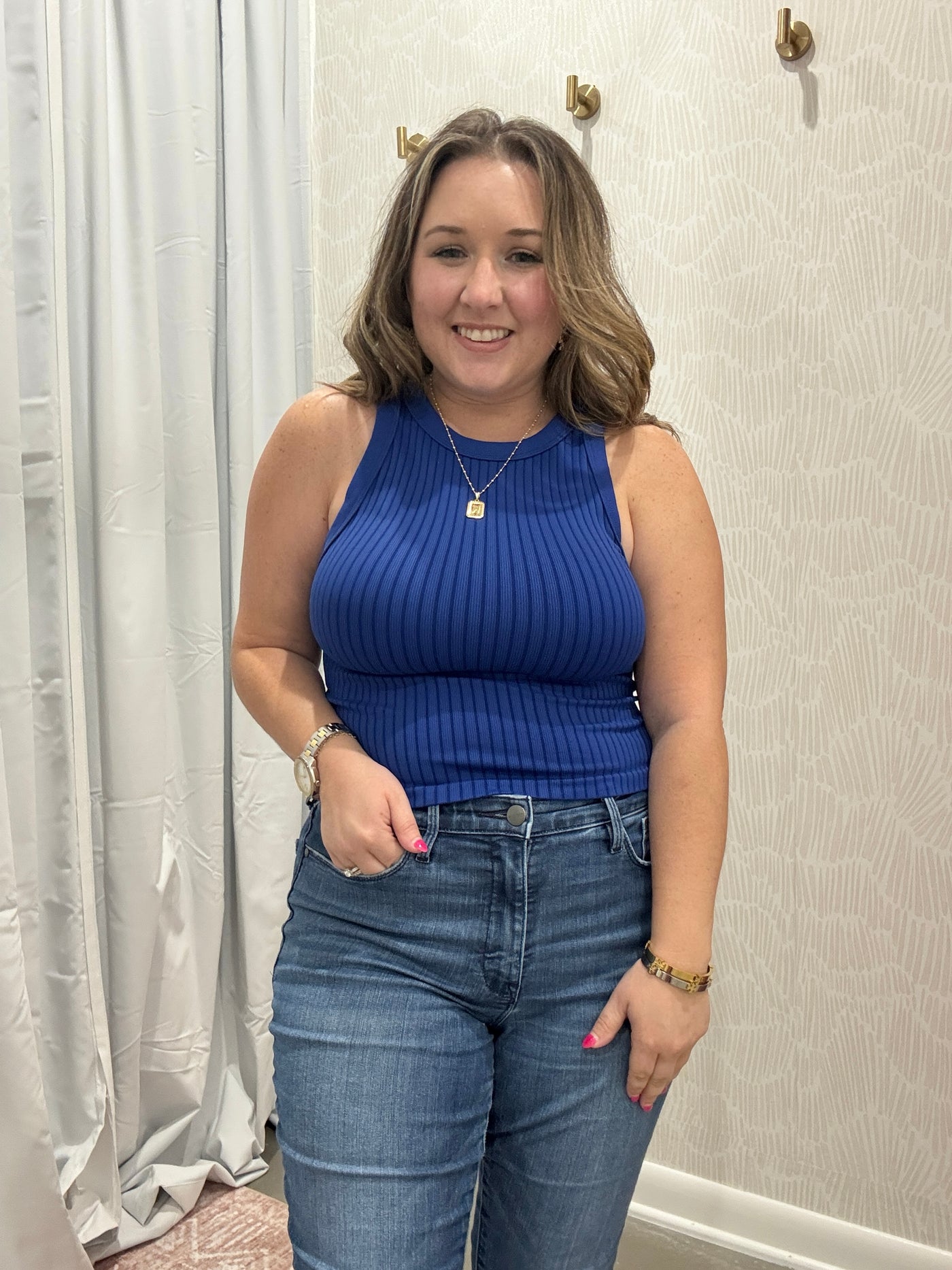Seamless Ribbed Crop Tank Top | Navy
