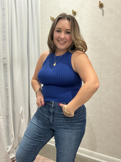 Seamless Ribbed Crop Tank Top | Navy
