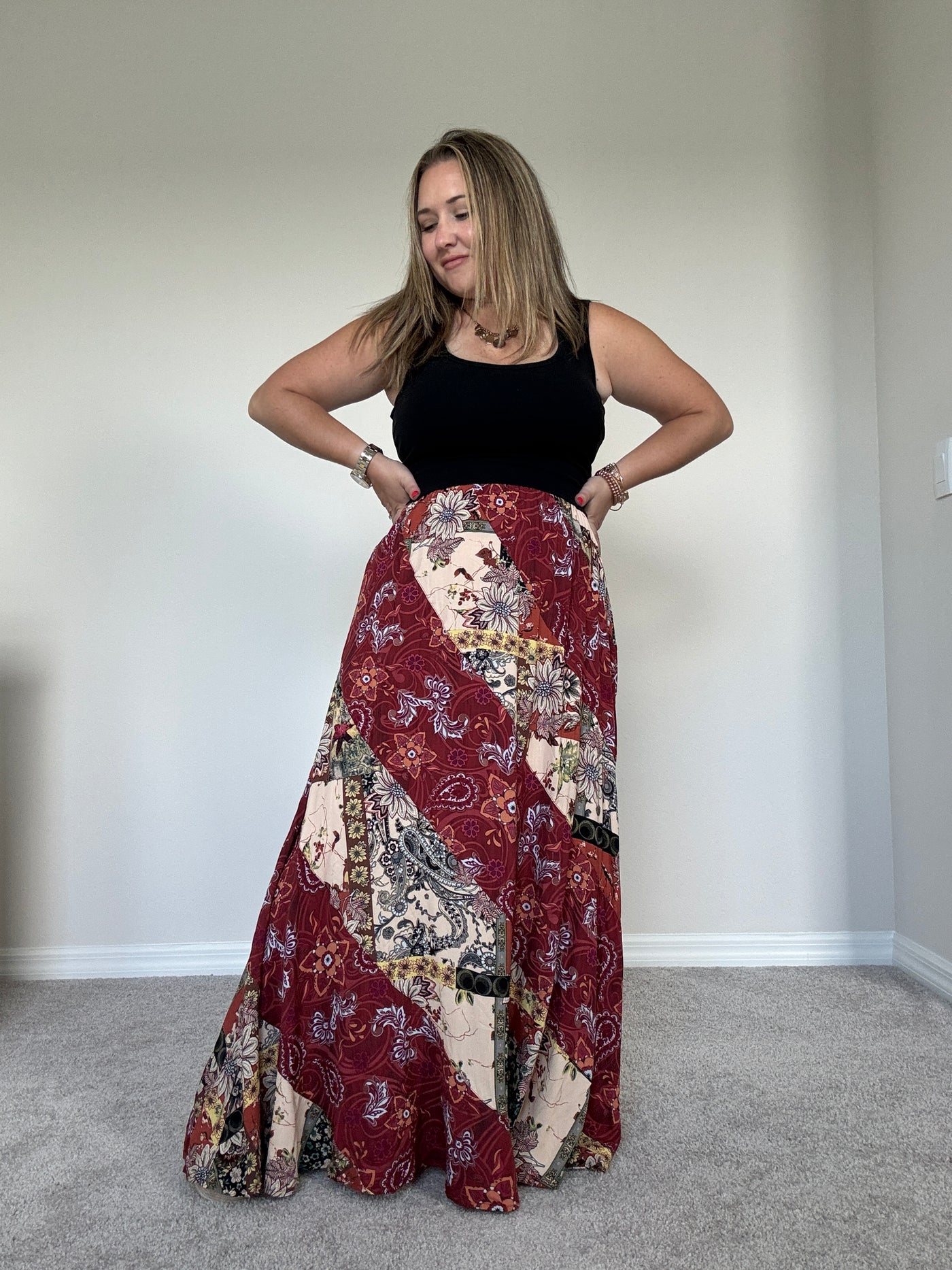 Ellis Mixed Print Maxi Skirt | Burgandy