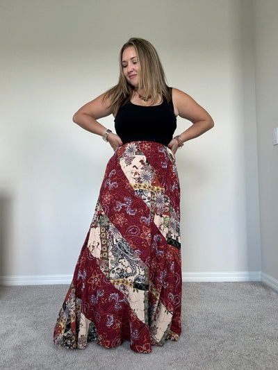 Ellis Mixed Print Maxi Skirt | Burgandy